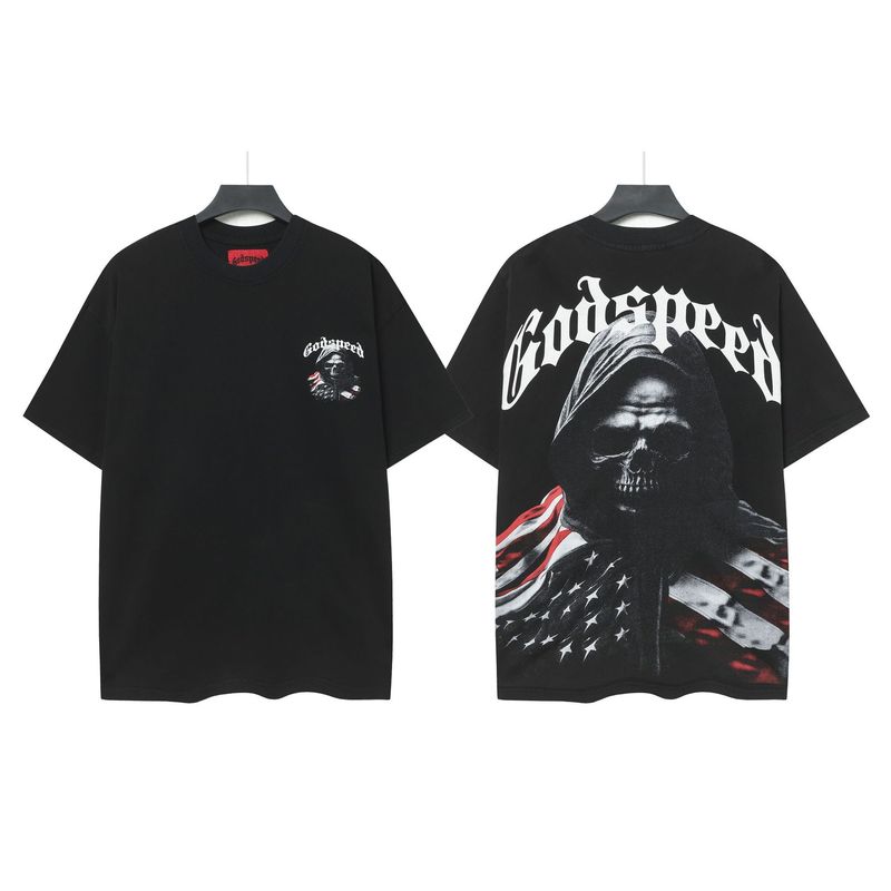 クロスボーダー 25ss アメリカのトレンディなブランド Godsed ロックバンドバスケットボール高品質ウォッシュブラック半袖 T シャツ男性と女性用|undefined