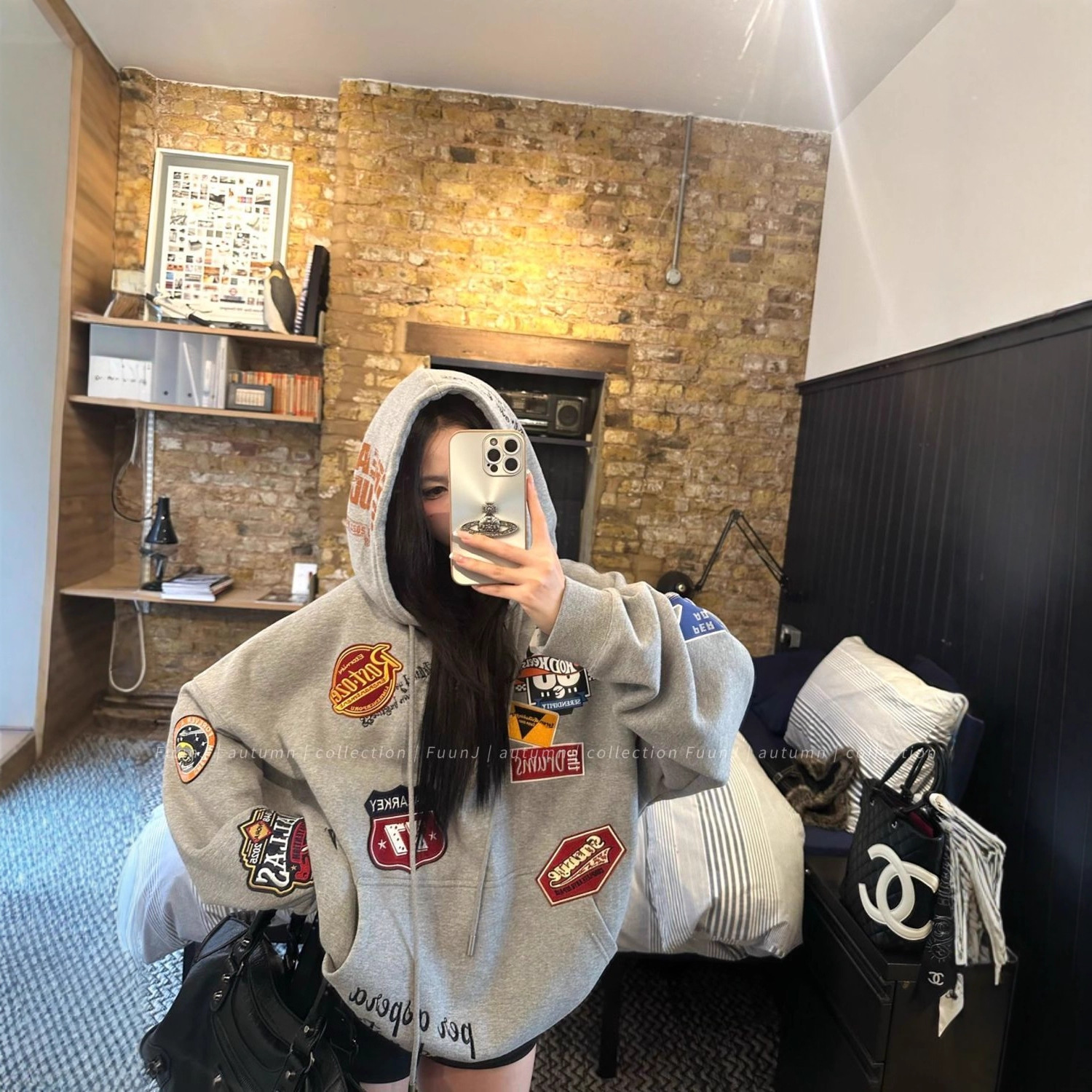 美式个性刺绣印花布贴连帽卫衣女新款秋冬慵懒风宽松休闲套头上衣