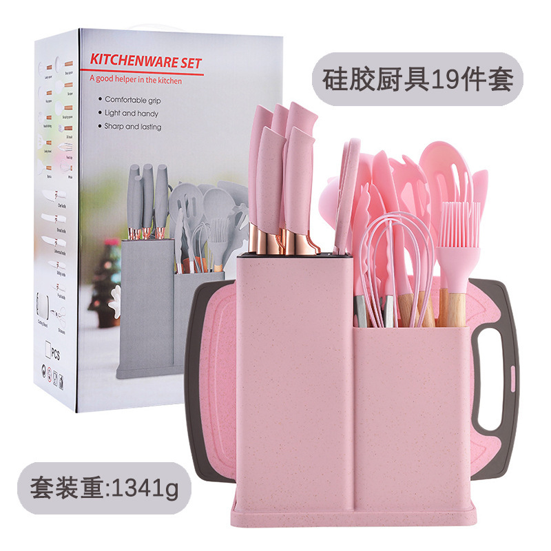 Cross-border silicone kitchenware 19-piece kitchen knives suit straw wooden handle shovel spoon stainless steel knife set with storage bucket