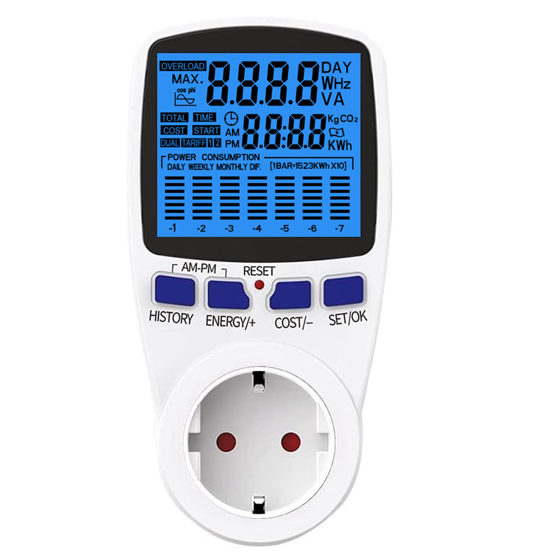 厂家直销欧规 蓝色背光 图标功率计量插座 计费插座 power meter