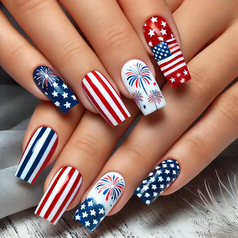 Independence Day Chinese American Flag Fireworks Design Beautiful Simple Wear Nail Nail Patch Fake Nail