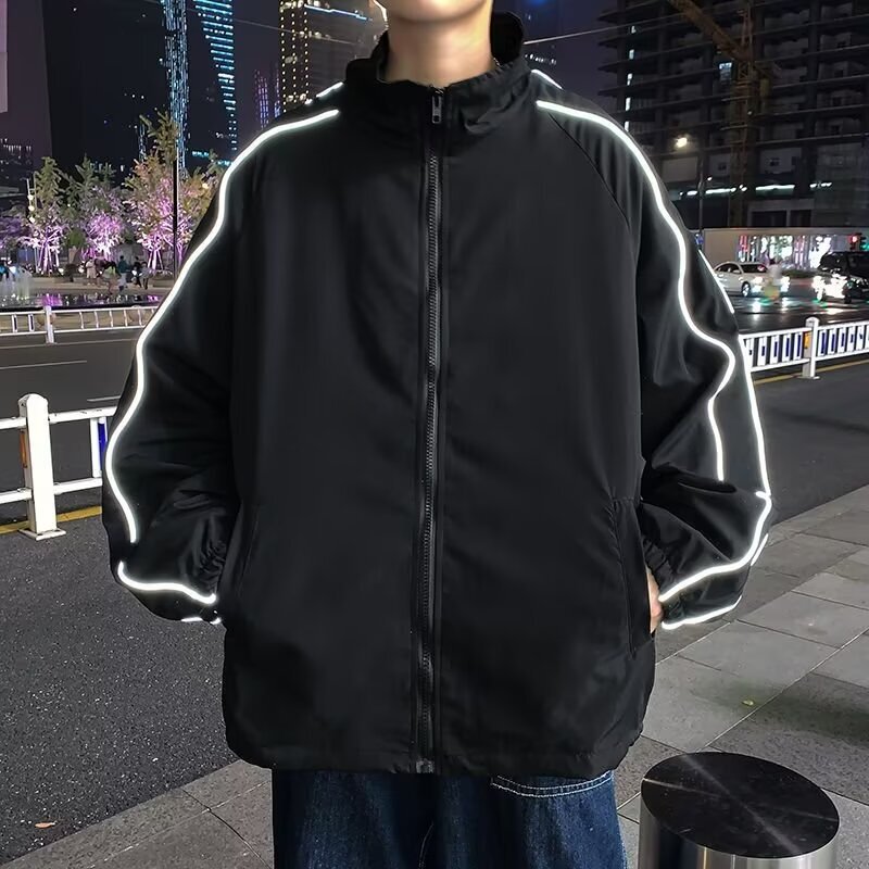 Reflective stripe jacket men's spring and autumn youth American high street pilot jacket striped casual stand collar baseball uniform