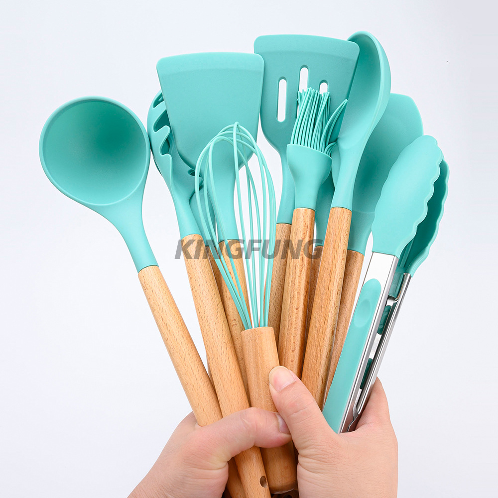 Juego de utensilios de cocina de silicona con mango de madera de haya, 12 piezas, espátula de cocina, cuchara de cocina, juego de utensilios de cocina antideslizantes