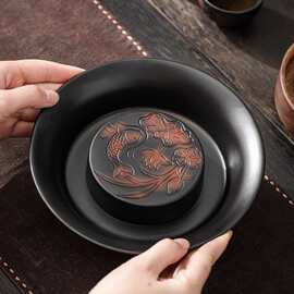 紫陶鱼戏荷塘壶承干泡台茶盘储水小茶台圆形中式托盘家用茶具配件