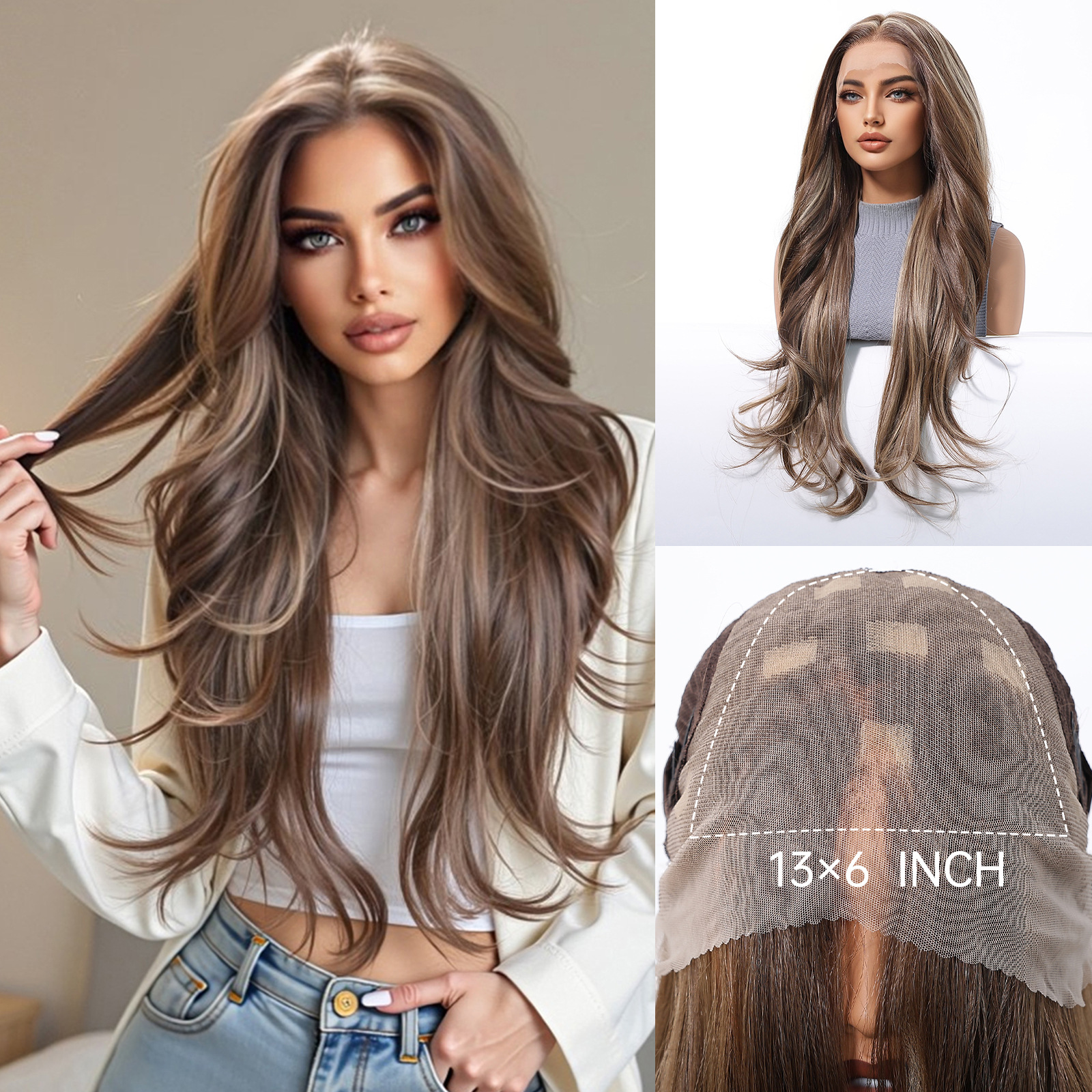 Peluca de encaje de seda importada 13*6 área grande con costura libre, forma secundaria, cómoda y transpirable, cabello largo y rizado 30inch