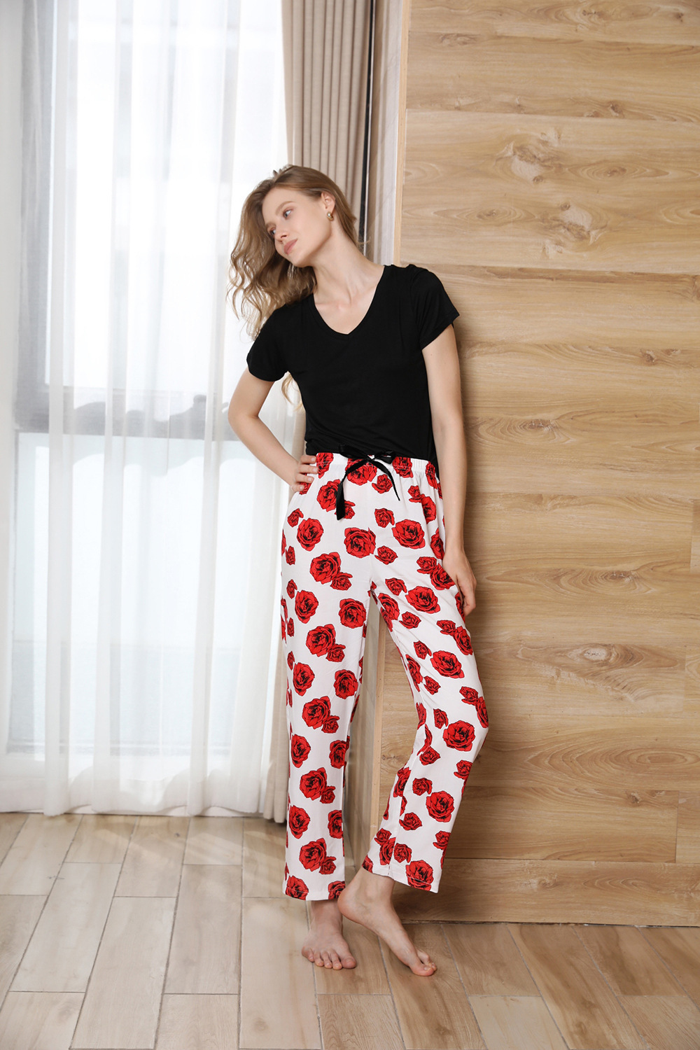 short-sleeved loose high waist flower print tops trousers Loungewear-Can be worn outside NSWFC130814