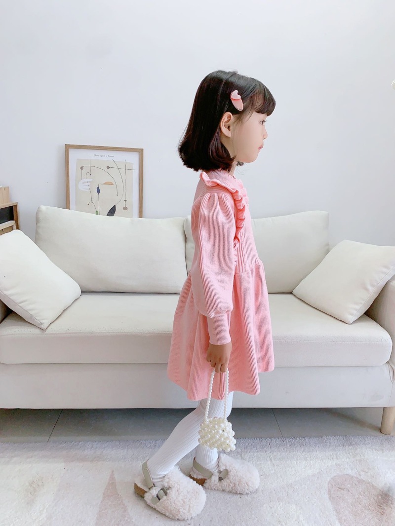 Girls Knitted Dress Autumn Winter Solid Colour Long Sleeve Style_voghion.com