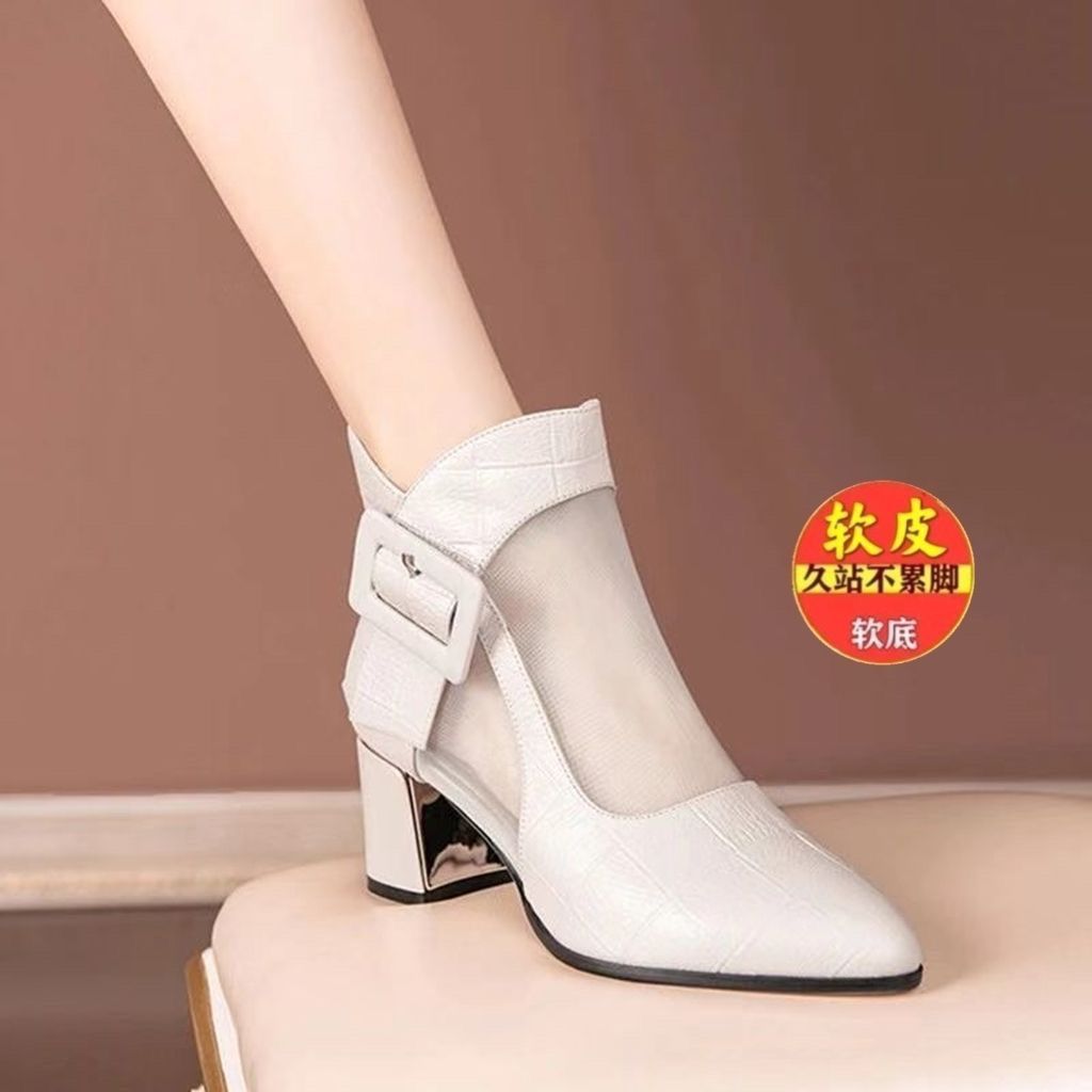 2025春夏新款真软皮网靴女镂空包头凉靴粗跟凉鞋网纱中跟时尚女靴