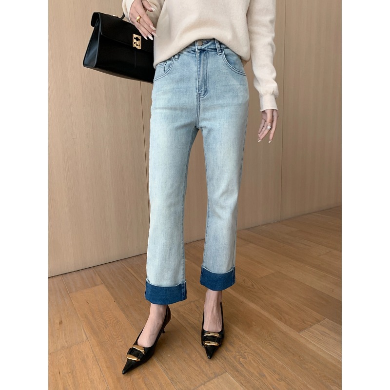 司南复古撞色卷边水洗磨白烟管直筒牛仔裤秋冬新款