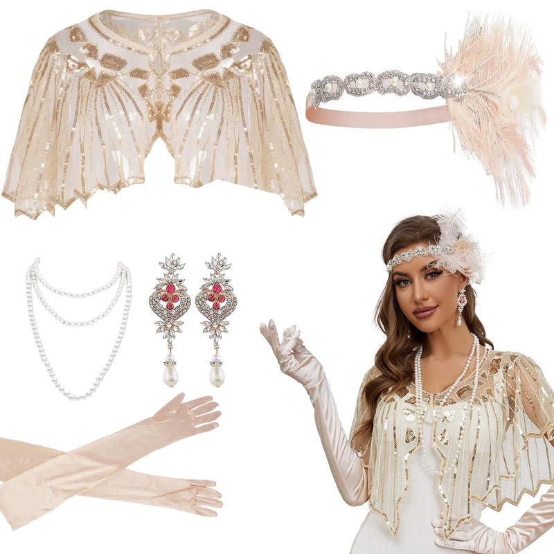 Gatsby party feather headband pearl necklace cigarette stick gloves shawl suit vintage Hepburn dress up accessories