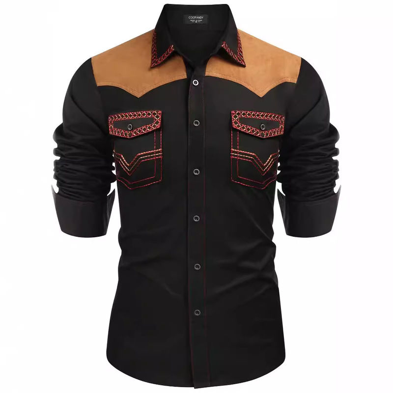 Western Denim Style Shirt Cross-border Amazon Europe and America Medium and Long Tight High-end Long Sleeve Duffy Handsome Style Spliced Color
