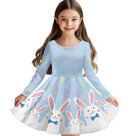 独立站热卖 新款女童秋冬长袖连衣裙 来图印花可爱兔子甜美公主裙
