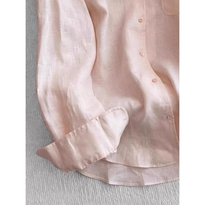 Áo sơ mi nữ linen dài tay thoáng khí chống nắng xuân hè — Mật đào bột chi tiết 5
