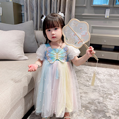 DGniuniu源頭廠家2024夏裝女童兒童蝴蝶珍珠網紗連衣裙中國風漢服