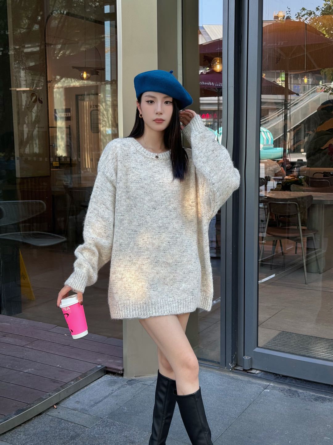 24 invierno Puyuan 2024 otoño y invierno nuevo suéter de cuello redondo gris perezoso mujer