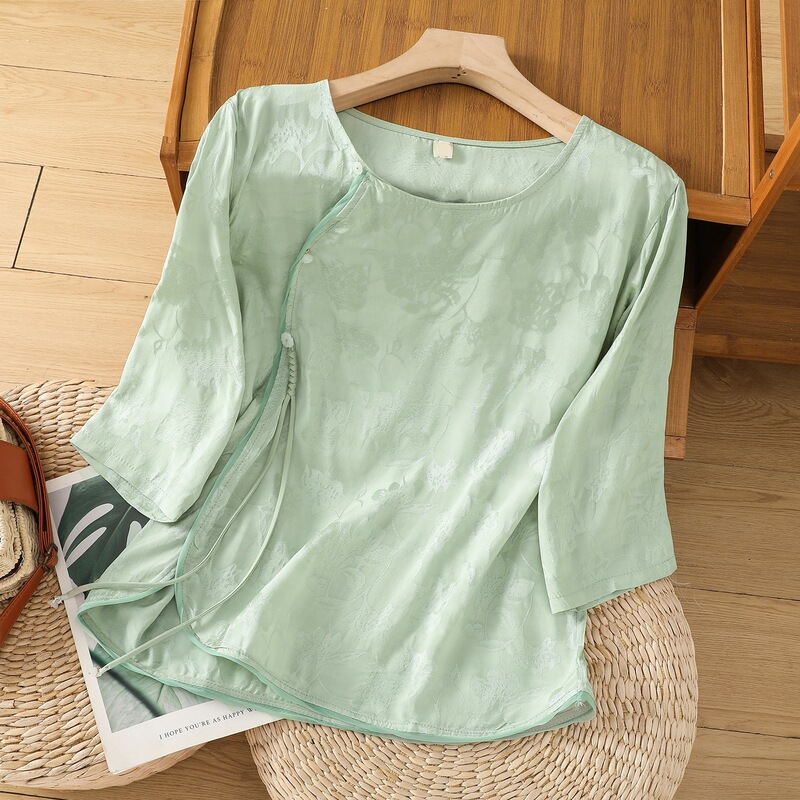 New 2025 Spring and Summer New Chinese Style Printed Satin Round Neck Shirt Tea Suit Loose Shirt Literary Style