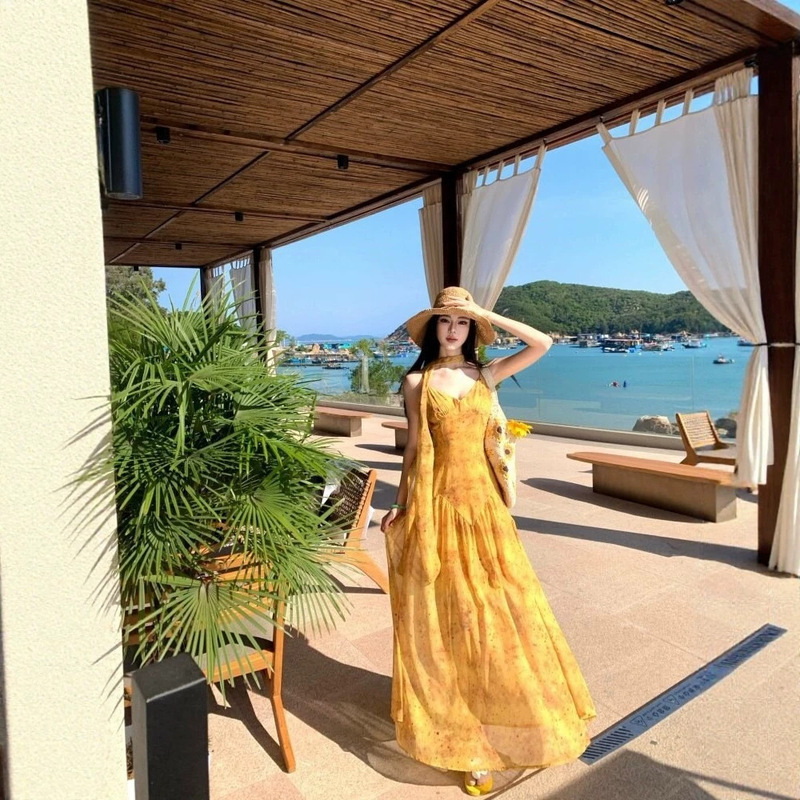 Sanya Style Yellow Gradient Floral Long Dress, Yunnan Dopamine Photo Shoot Dress, Seaside Vacation Style Beach Dress