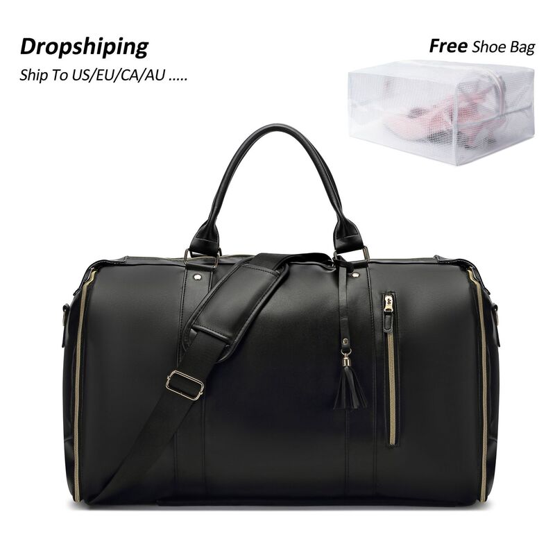 in stock full black thick PU fabric foldable travel bag carry-on clothing duffel bag can be carried on the plane portable