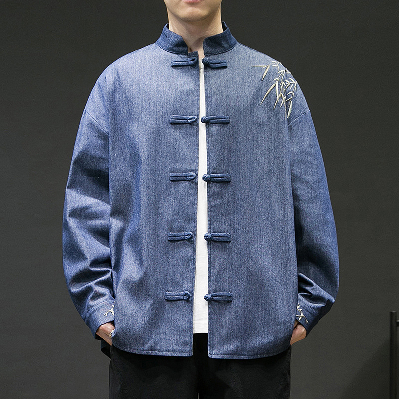 New Chinese Style Vintage Buckle Casual Jacket Spring and Autumn Men's Versatile Denim Shirt Loose plus size Embroidered Top