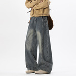 复古弯刀牛仔裤男秋冬美式直筒宽松裤子痞帅潮牌弯刀阔腿休闲长裤