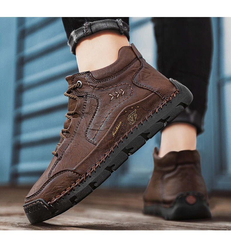 Bốt da nam cổ trung đế bằng buộc dây đường may thủ công — 9502 màu kaki, 9502 màu kaki lót lông, 9502 màu nâu sẫm lót lông, 9502 màu đen chi tiết 17