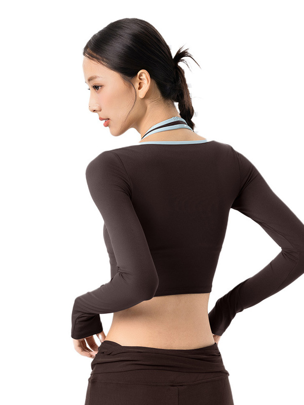 假两件挂脖长袖瑜伽服女固定杯短款运动上衣撞色包边百搭健身上衣|undefined
