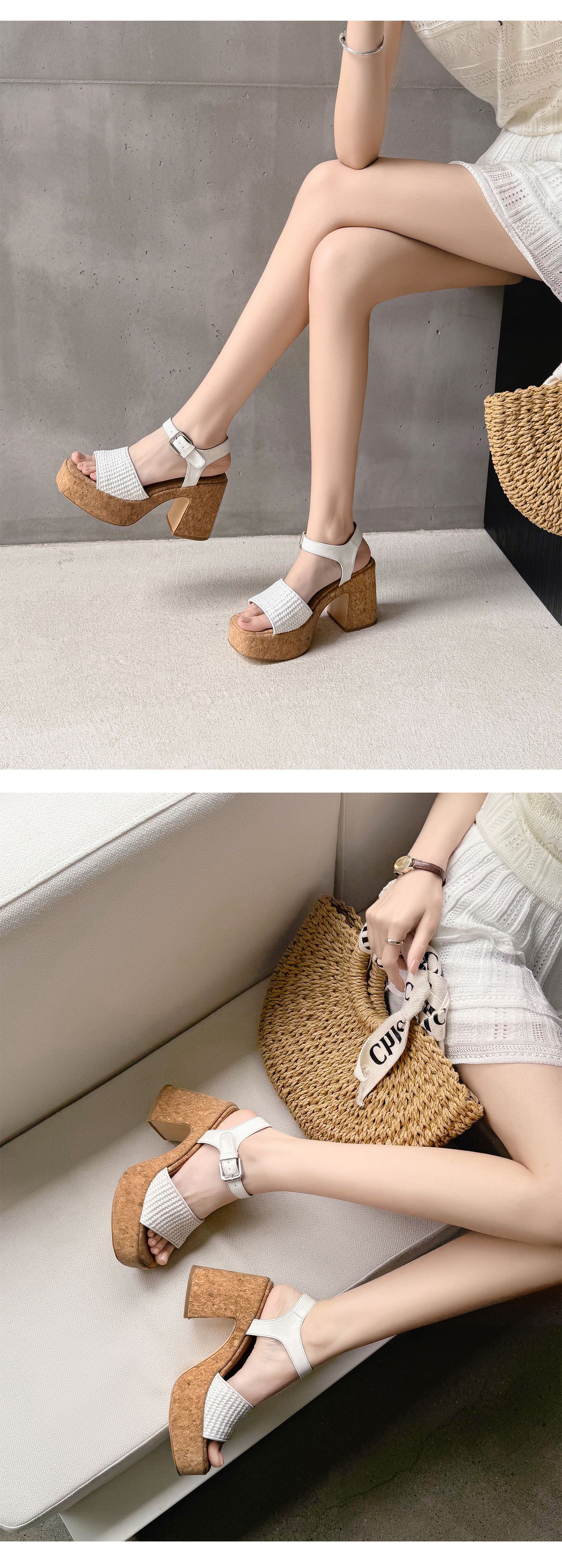 Sandal nữ quai ngang đan dây, đế dày, gót thô cao, hở mũi phong cách nghỉ dưỡng — màu trắng ngà, màu mơ chi tiết 15