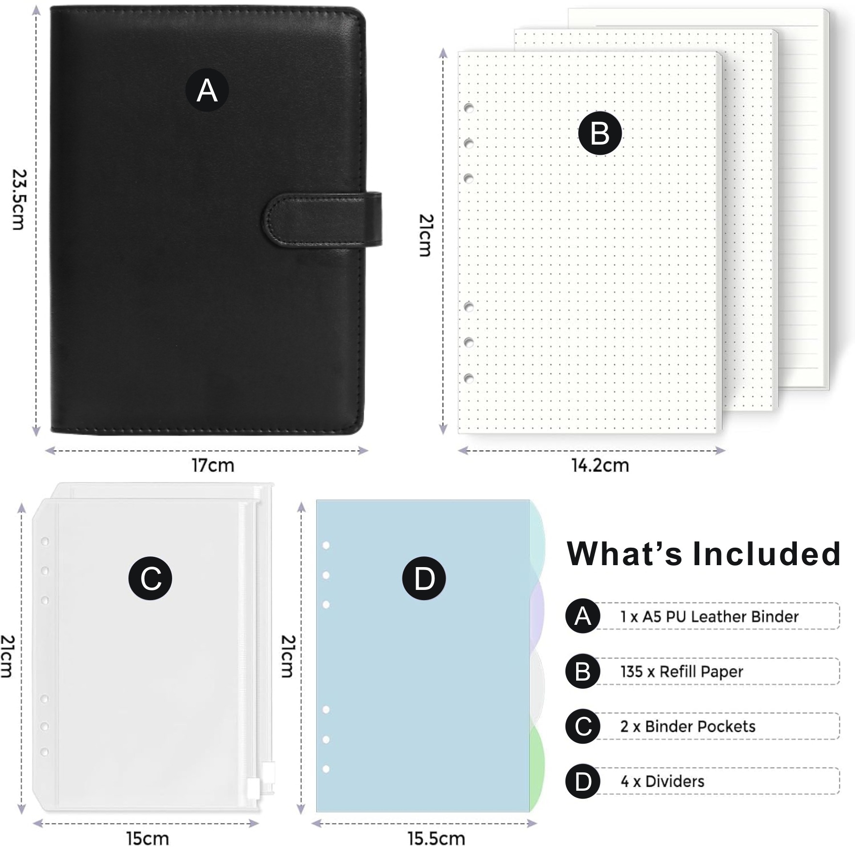 A5 마카롱-블랙 (지퍼백 2개 + 컬러 페이지 카드 4개 + 도트 매트릭스 90개 + 가로선 45개)