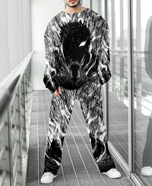 Colorido estilo personalizado estampado de dos piezas guapo otoño nuevo color contraste estilo Hong Kong cuello redondo camiseta pantalones ME6-MR10