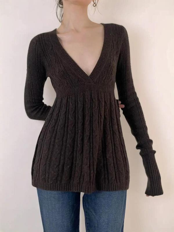 款Trendy Women's Plain Deep V Neck Cable Knit Sweater|undefined