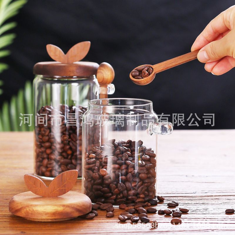 新款条纹玻璃密封罐带勺子咖啡豆储存罐高硼硅玻璃储物罐密封带盖|undefined