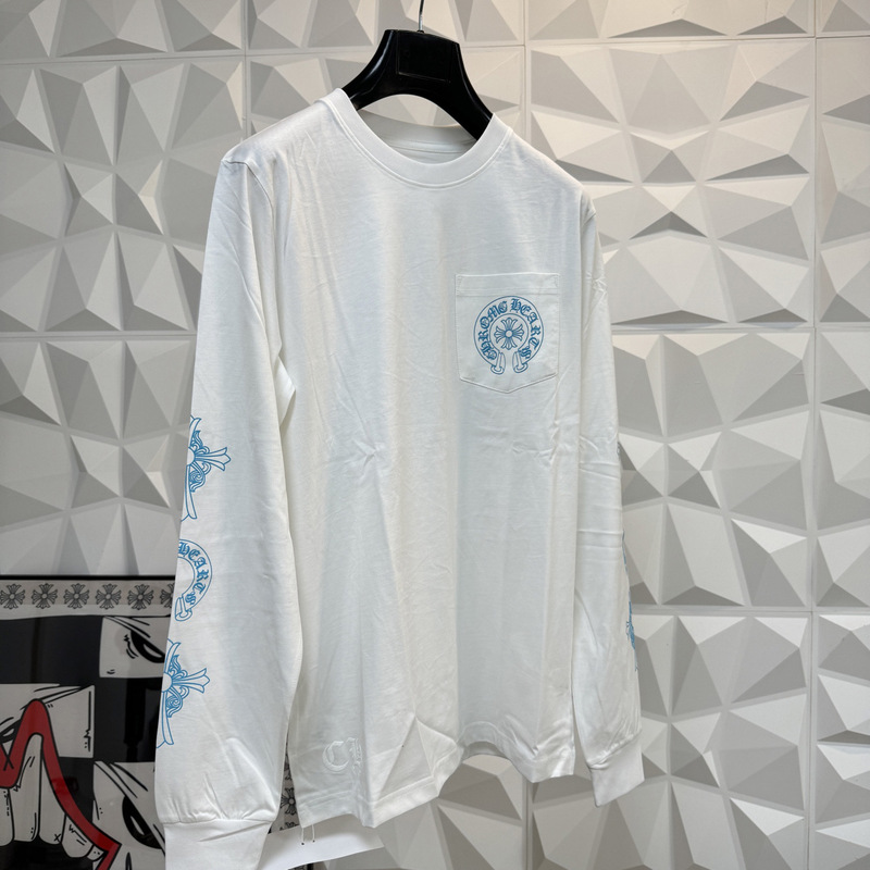 Correct version in stock: Chrome Hearts blue horseshoe cross print long-sleeve T-shirt, unisex, pure cotton top Correct version in stock: Chrome Hearts blue horseshoe cross print long-sleeve T-shirt, unisex, pure cotton top
