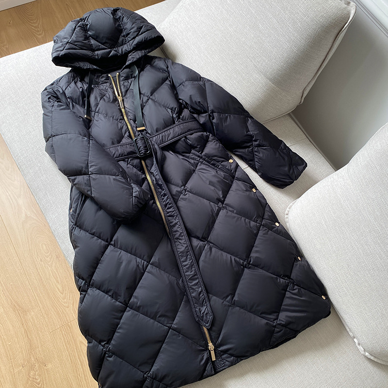 Women's Clothing Down jacket mid length hooded diamond belt high 90 white duck down loose Down Coat_voghion.com