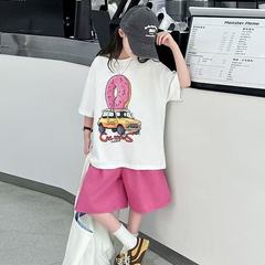秒 女童夏季卡通两件套2025新款中大童印花上衣五分裤套装潮