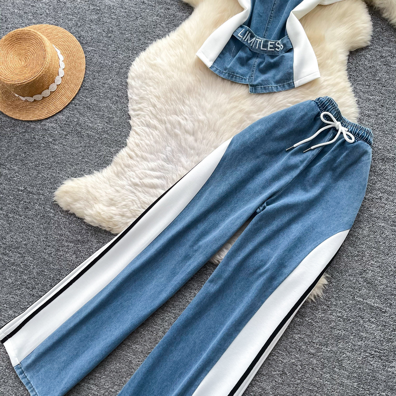 Retro Patchwork Denim Set for Women Short Sleeved Hong Kong Style Summer Casual Straight Leg Pants Two Piece Slimming Outfit_ecoleips.com