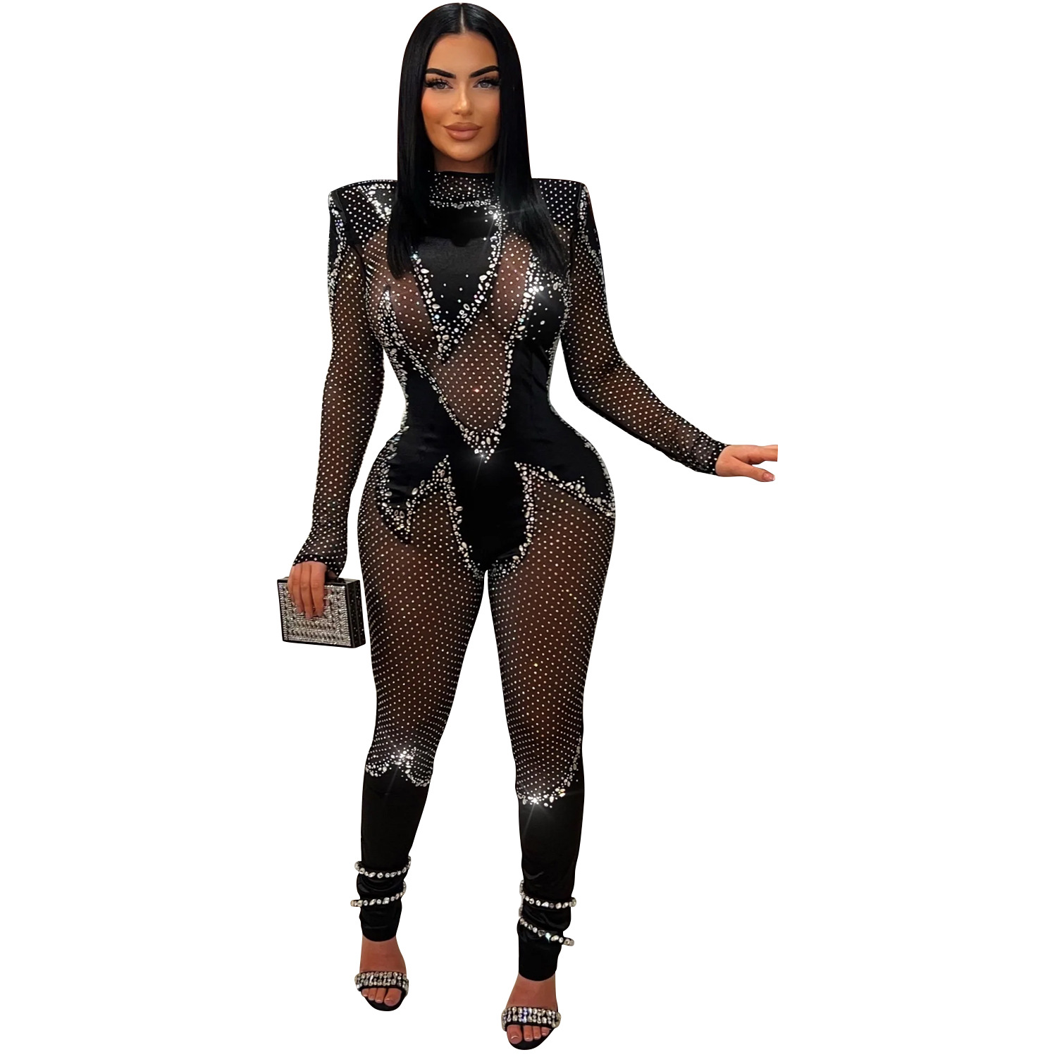 C6886 Aliexpress transfronterizo Amazon Europa y América de moda de mujer de color sólido malla de diamante pantalones de manga larga monje