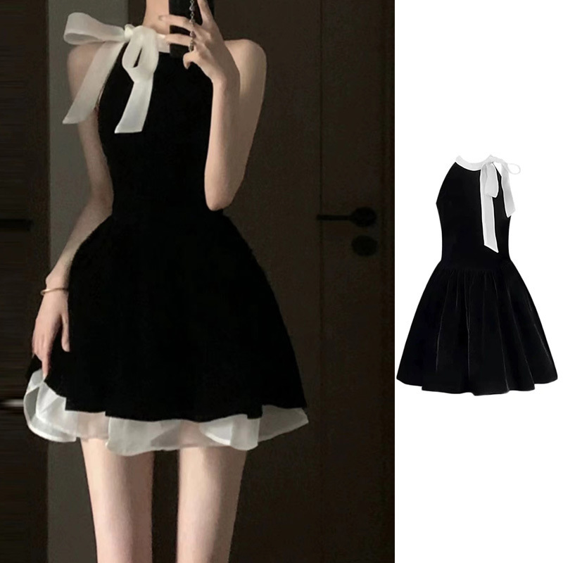 French Sweet and Spicy Style High Waist Slim Bow Sleeveless Halterneck Dress for Small Women Black Short Skirt Summer