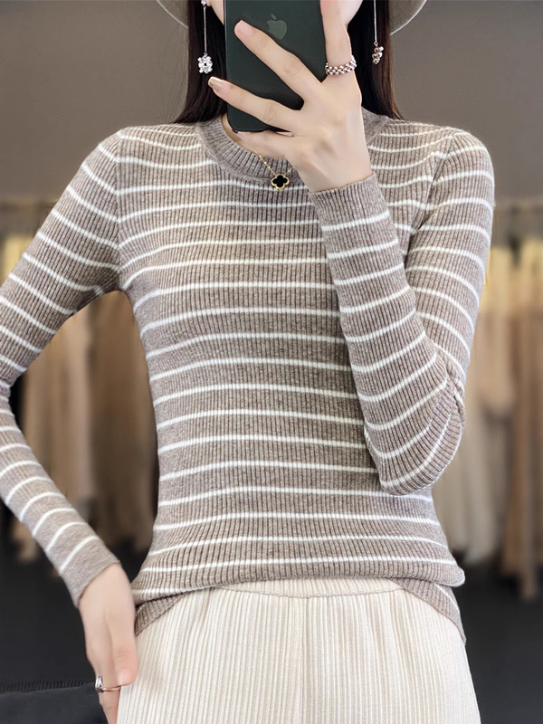 秋冬新款条纹针织衫女秋安迪绒洋气修身显瘦上衣内搭毛衣打底衫|undefined