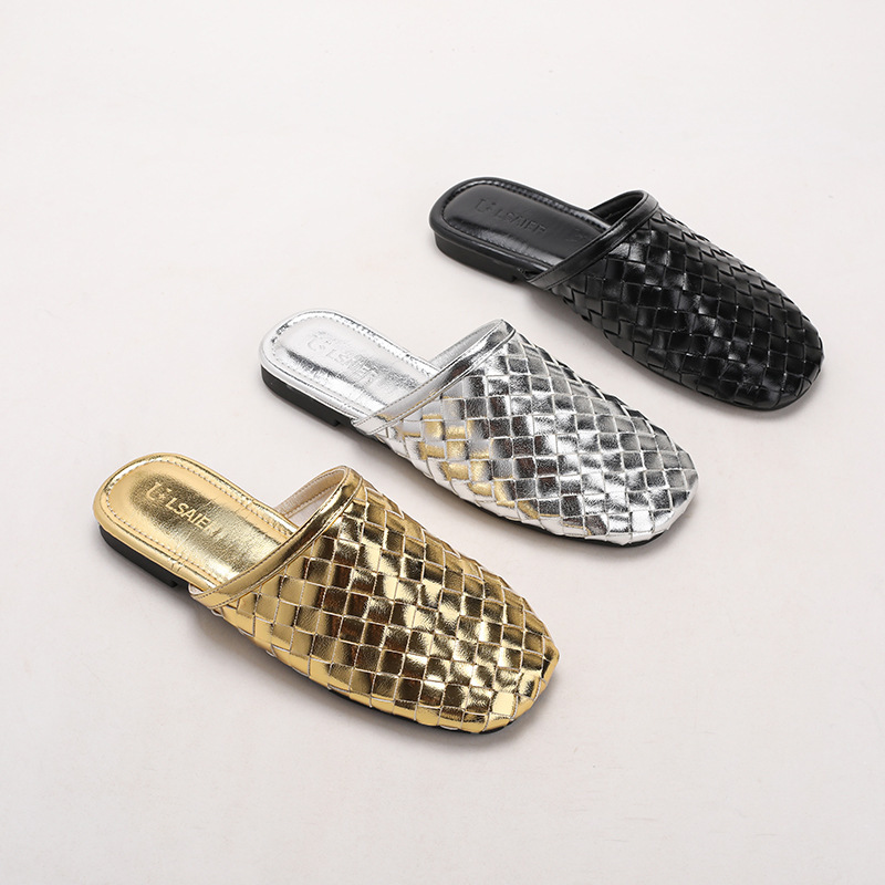 Sheepskin Version~Woven Closed-Toe Half Slippers for Women, Summer Outdoor Wear, Flat Slip-On Mules, Fashionable Lazy Sandals