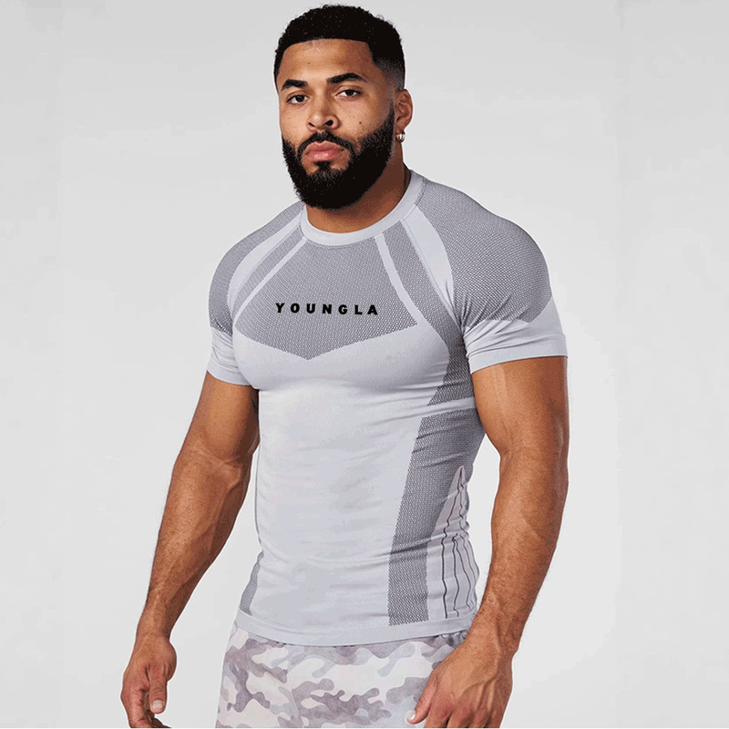 YOUNGLA Men's T-shirt Sports Fitness Quick-dry Breathable Stretchy Gym Shirt Jogger Outdoor Running Basketball Wear
