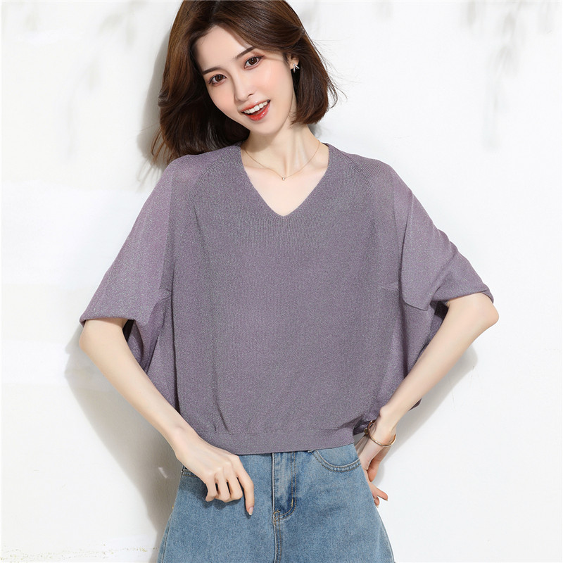 Ice Silk Batwing Sleeve Knitted Shirt Short-sleeved T-shirt Women's Spring and Summer Western Style Loose V-neck Colorful Bright Silk Thin Top for Women Ice Silk Batwing Sleeve Knitted Shirt Short-sleeved T-shirt Women's Spring and Summer Western Style Loose V-neck Colorful Bright Silk Thin Top for Women