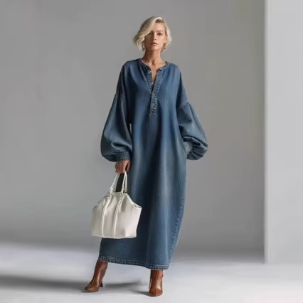 Vintage-Style Polo Collar, Stand-Up Collar, Mid-Length Denim Dress for Women, New Spring Retro Plus-Size Amazon Dress Vintage-Style Polo Collar, Stand-Up Collar, Mid-Length Denim Dress for Women, New Spring Retro Plus-Size Amazon Dress