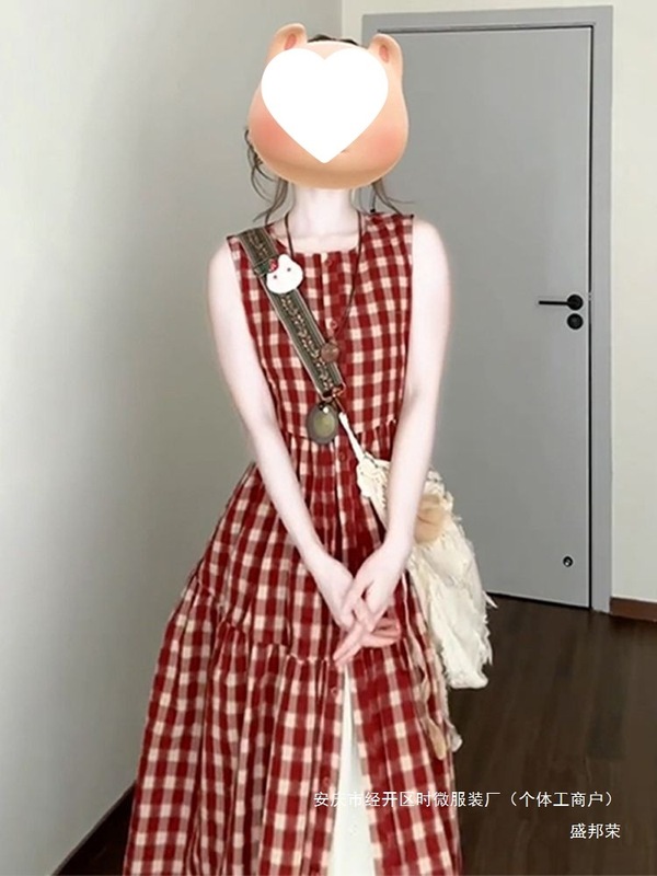 厂家法式复古小个子新款子女无袖长裙夏季气质收腰红色格子连衣裙|undefined