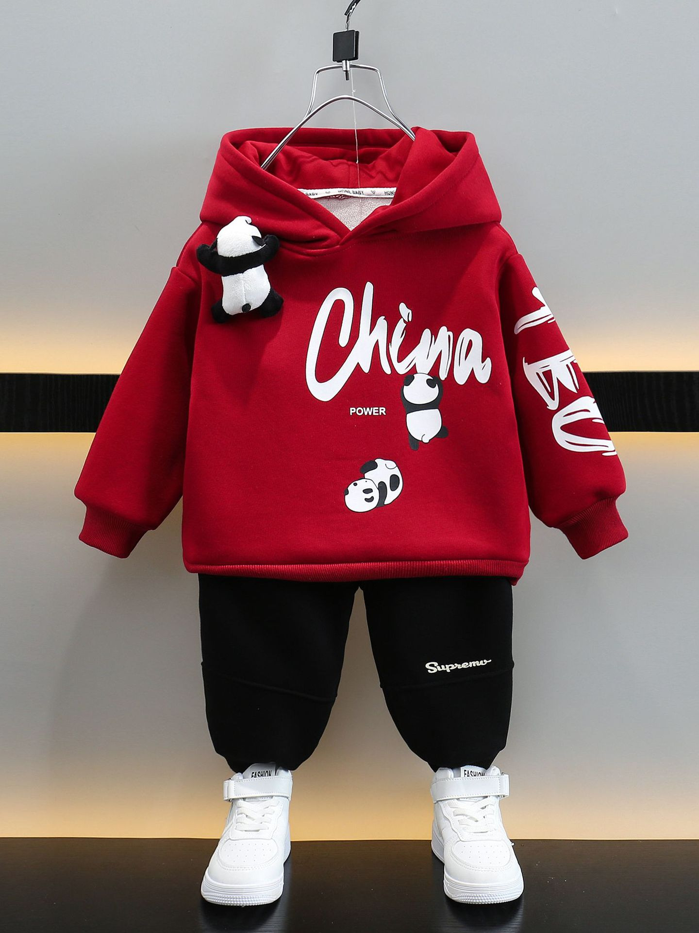 6749 Traje de suéter con capucha para niños 2025 nueva ropa de primavera y otoño para niños otoño e invierno más terciopelo bebé hermoso traje de dos piezas