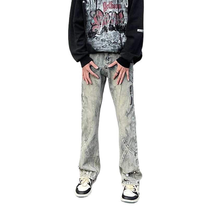 High Street American retro barro amarillo lavado jeans de los hombres flojos rectos hiphop diseño sentido Ruan guapo pantalones moda