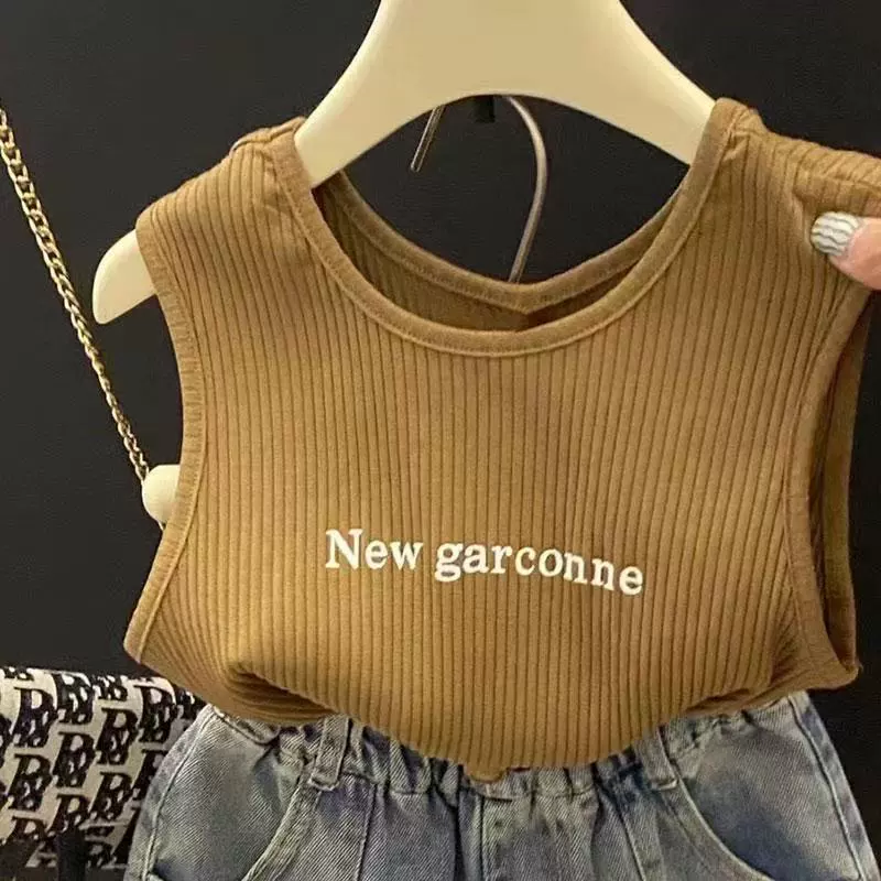 Fashionable universal vest with letters, denim skirt, shorts, trousers, summer clothing, set, western style, internet celebrity