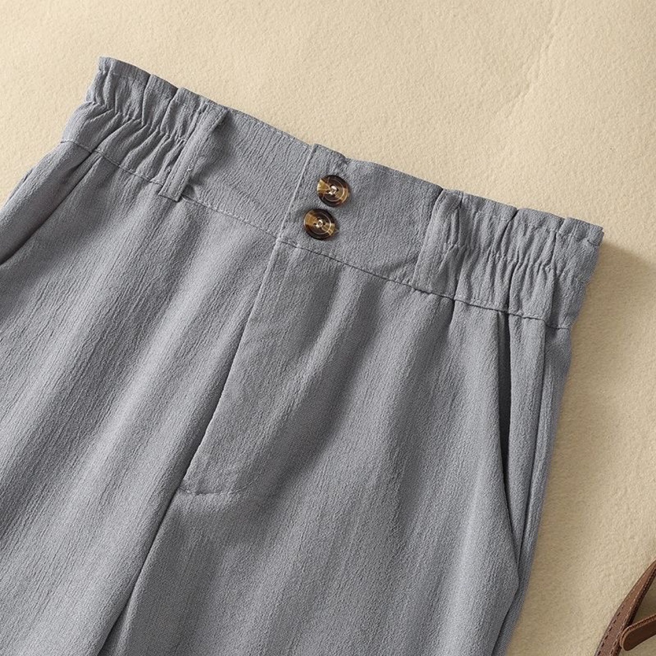 Grey Linen Wide Leg Pants Women's High Waist Dosing 2025 Loose Casual Cotton and Linen Pants Flower Bud Waist Linen Straight Pants