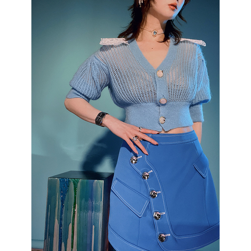 Designer Women's Mauhair Knitted Stereo Embroidered Collar Cardigan Short Sleeve Top