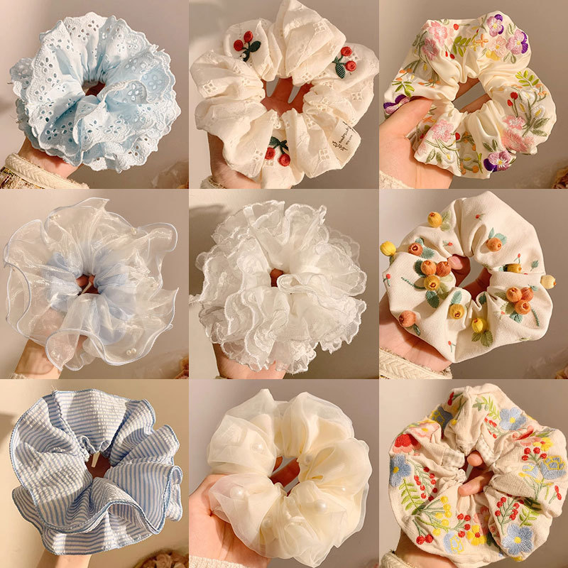 Encaje de flor coreana Encaje de intestino grueso Anillo de cabello femenino Cabeza de flor de viento pastoral Cuerda de cabeza de bola de gran tamaño Accesorios para el cabello de alta calidad