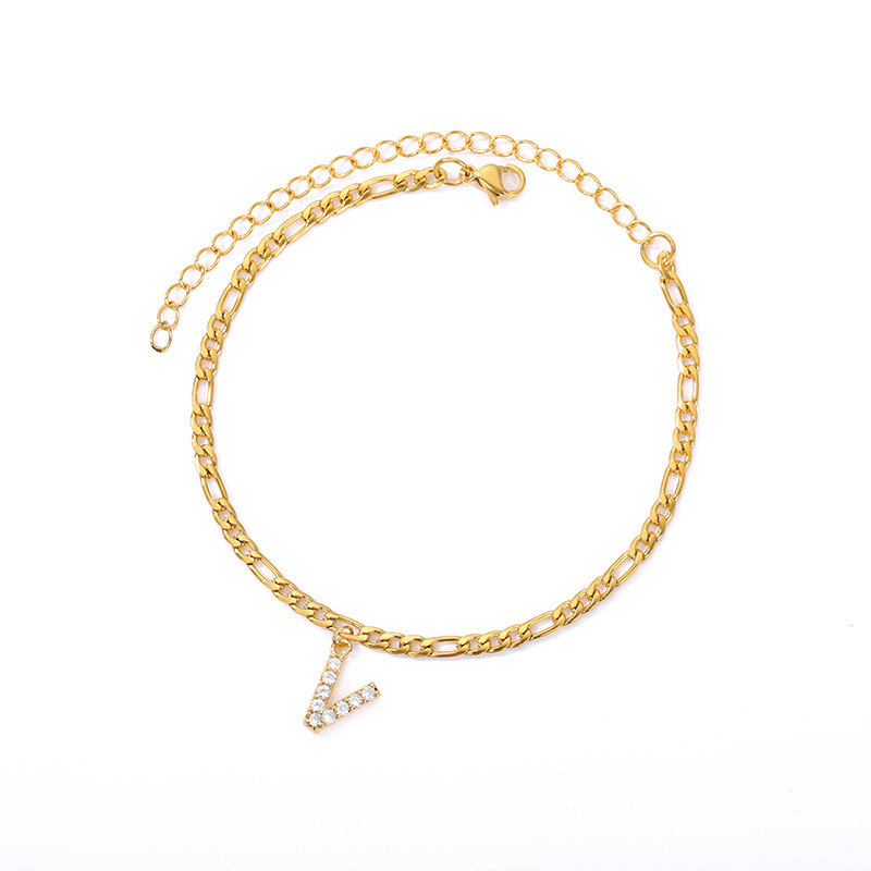 European and American simple micro inlaid zircon stainless steel chain letter couple anklet 26 English letter pendant anklet